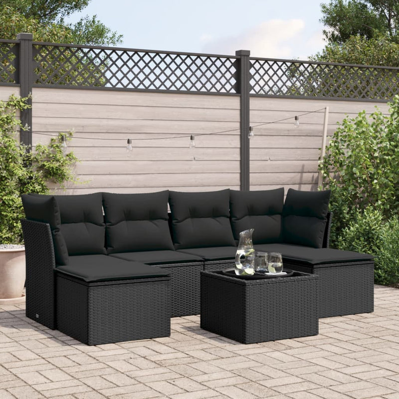 7 Piece Garden Sofa Set with Cushions Black Poly Rattan Payday Deals