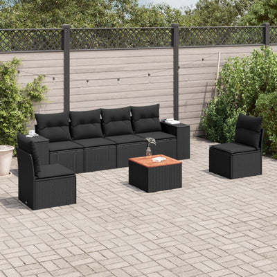 7 Piece Garden Sofa Set with Cushions Black Poly Rattan