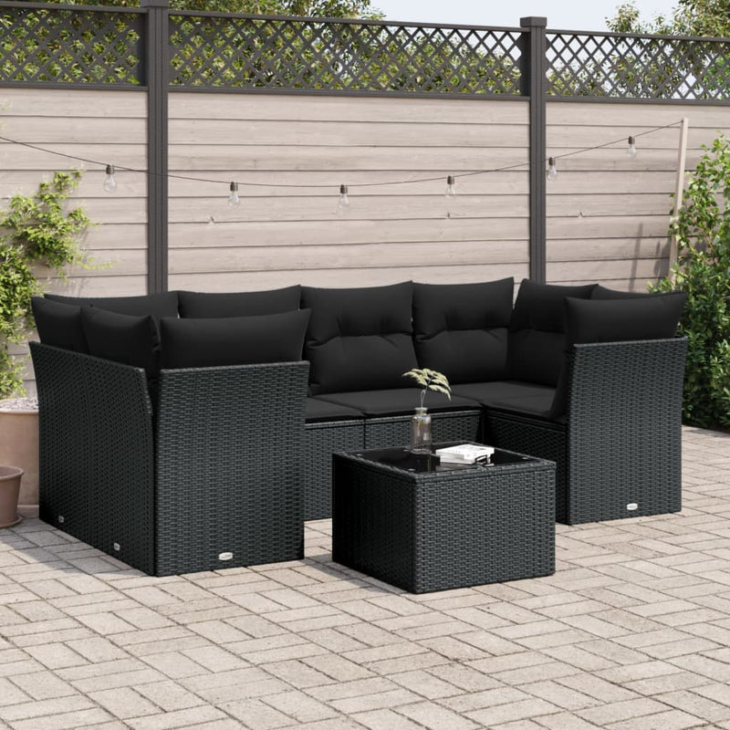 7 Piece Garden Sofa Set with Cushions Black Poly Rattan Payday Deals