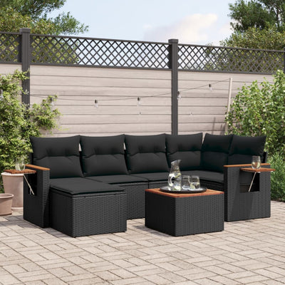 7 Piece Garden Sofa Set with Cushions Black Poly Rattan