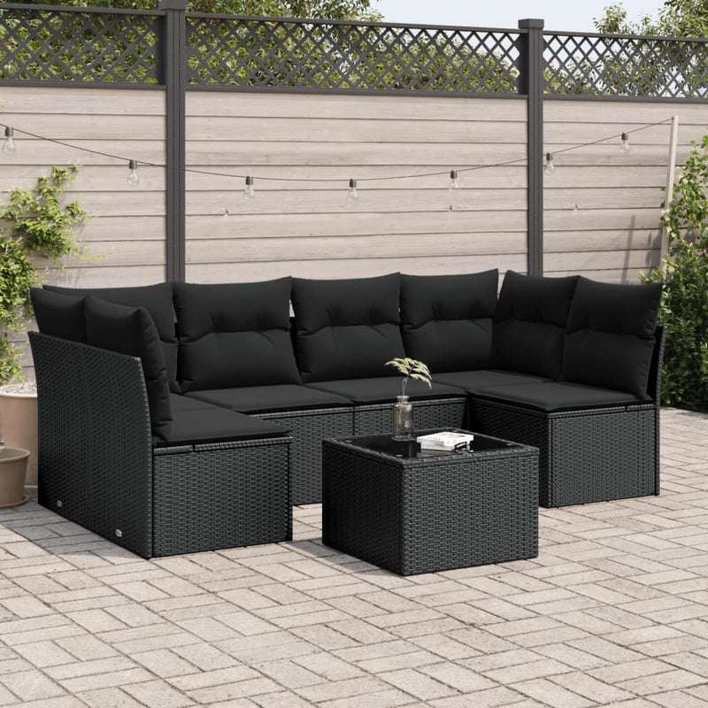 7 Piece Garden Sofa Set with Cushions Black Poly Rattan Payday Deals