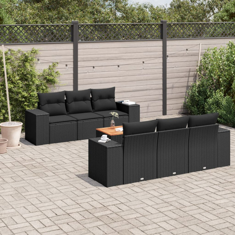 7 Piece Garden Sofa Set with Cushions Black Poly Rattan Payday Deals