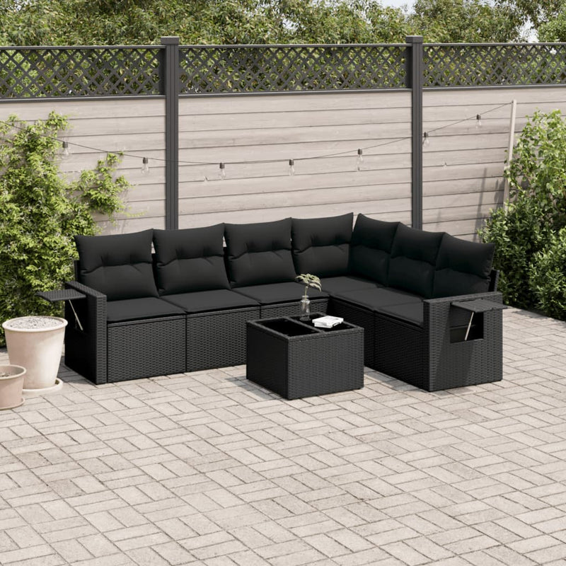 7 Piece Garden Sofa Set with Cushions Black Poly Rattan Payday Deals