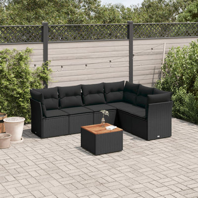 7 Piece Garden Sofa Set with Cushions Black Poly Rattan