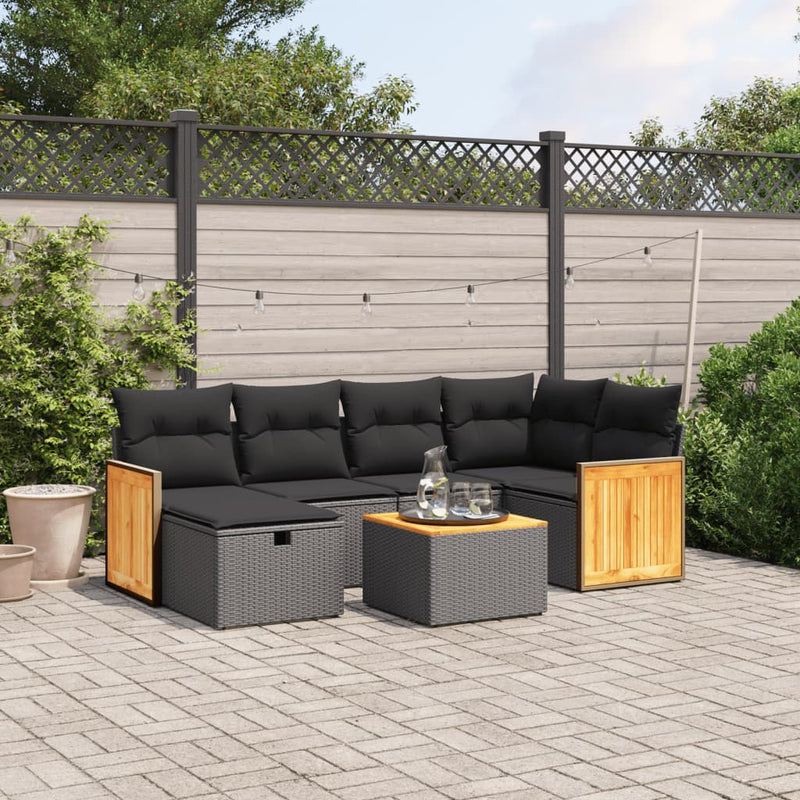 7 Piece Garden Sofa Set with Cushions Black Poly Rattan Payday Deals