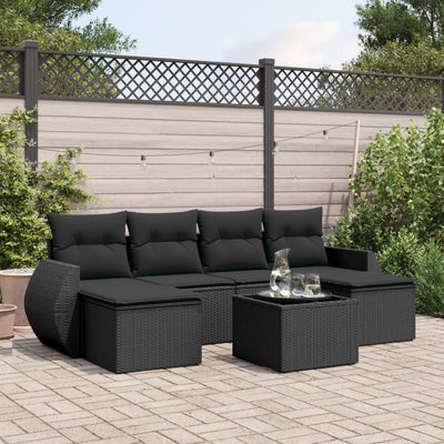 7 Piece Garden Sofa Set with Cushions Black Poly Rattan