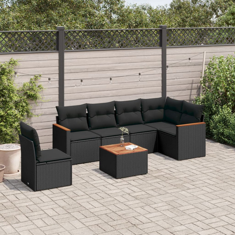 7 Piece Garden Sofa Set with Cushions Black Poly Rattan Payday Deals