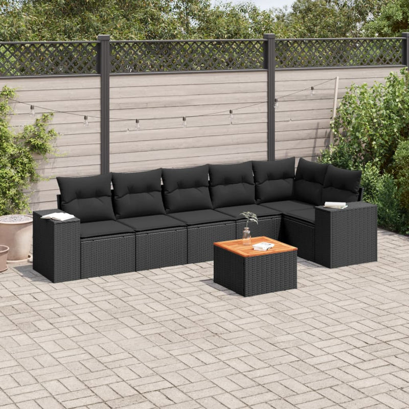 7 Piece Garden Sofa Set with Cushions Black Poly Rattan Payday Deals