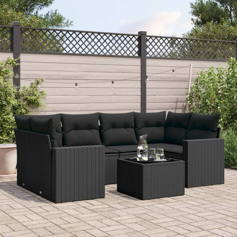 7 Piece Garden Sofa Set with Cushions Black Poly Rattan Payday Deals