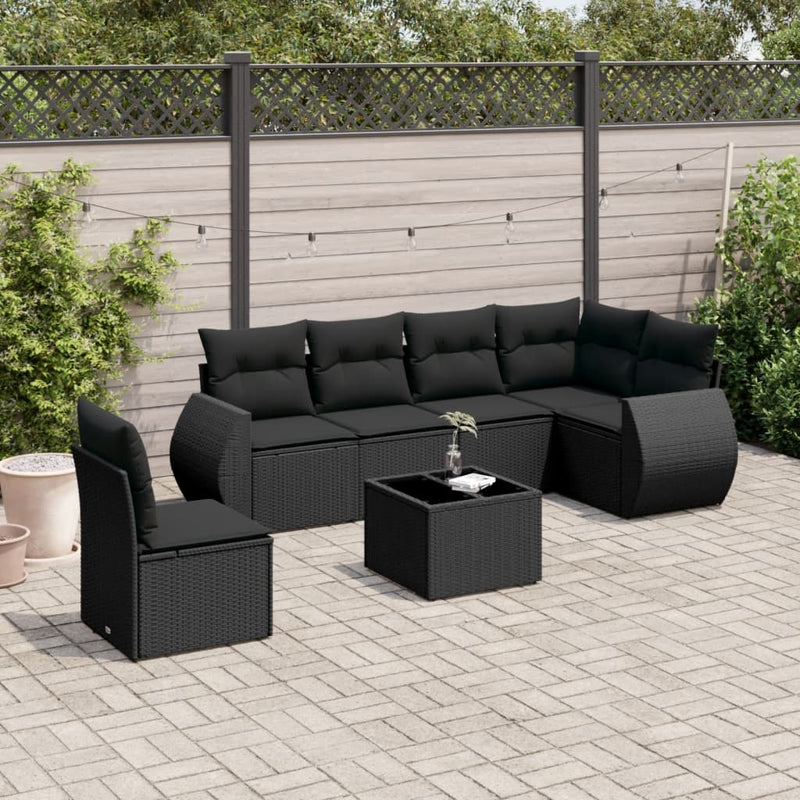 7 Piece Garden Sofa Set with Cushions Black Poly Rattan Payday Deals