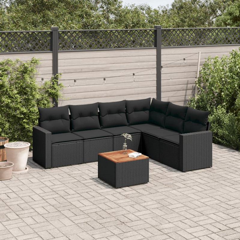 7 Piece Garden Sofa Set with Cushions Black Poly Rattan Payday Deals