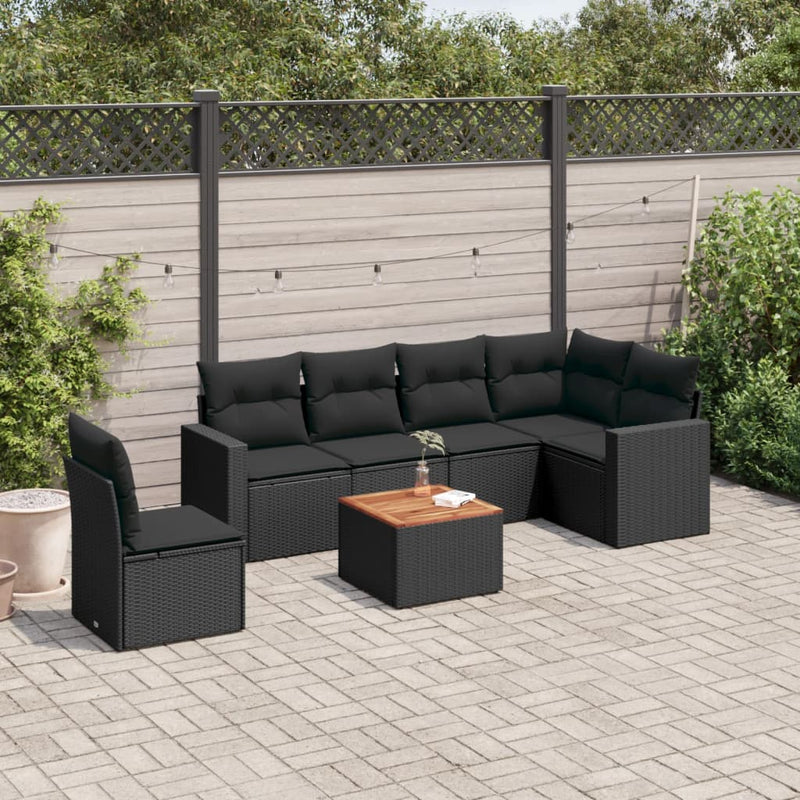 7 Piece Garden Sofa Set with Cushions Black Poly Rattan Payday Deals