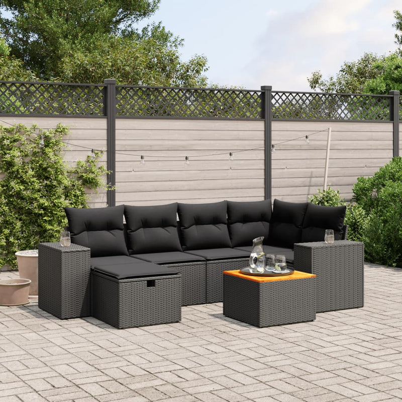 7 Piece Garden Sofa Set with Cushions Black Poly Rattan Payday Deals