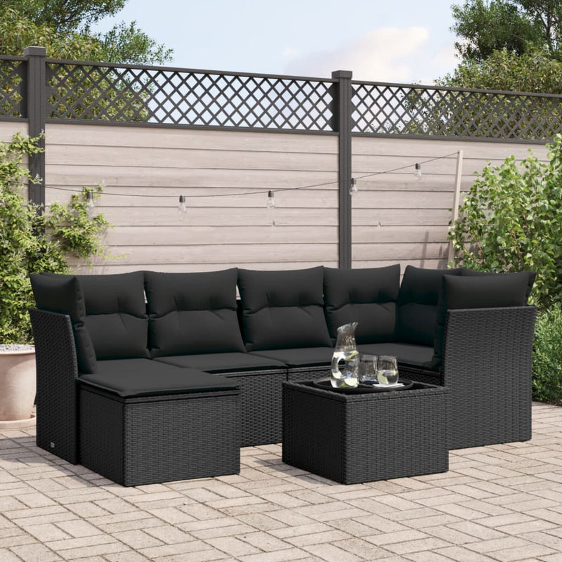 7 Piece Garden Sofa Set with Cushions Black Poly Rattan Payday Deals