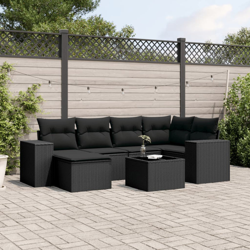 7 Piece Garden Sofa Set with Cushions Black Poly Rattan Payday Deals