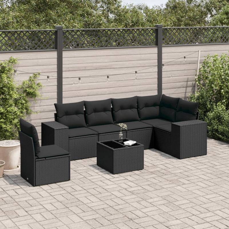 7 Piece Garden Sofa Set with Cushions Black Poly Rattan Payday Deals