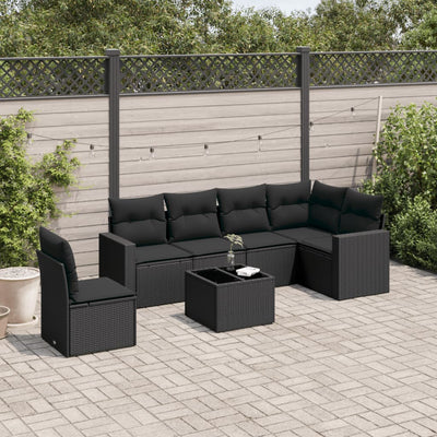 7 Piece Garden Sofa Set with Cushions Black Poly Rattan