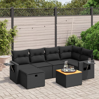 7 Piece Garden Sofa Set with Cushions Black Poly Rattan