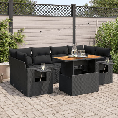 7 Piece Garden Sofa Set with Cushions Black Poly Rattan