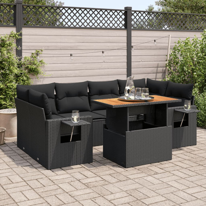 7 Piece Garden Sofa Set with Cushions Black Poly Rattan Payday Deals