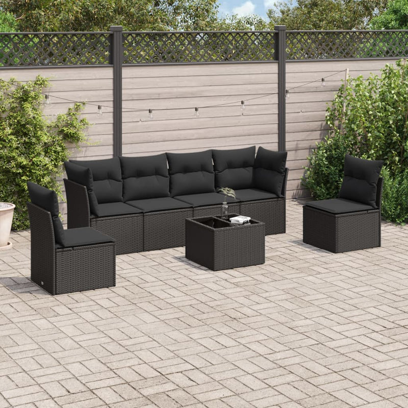 7 Piece Garden Sofa Set with Cushions Black Poly Rattan Payday Deals