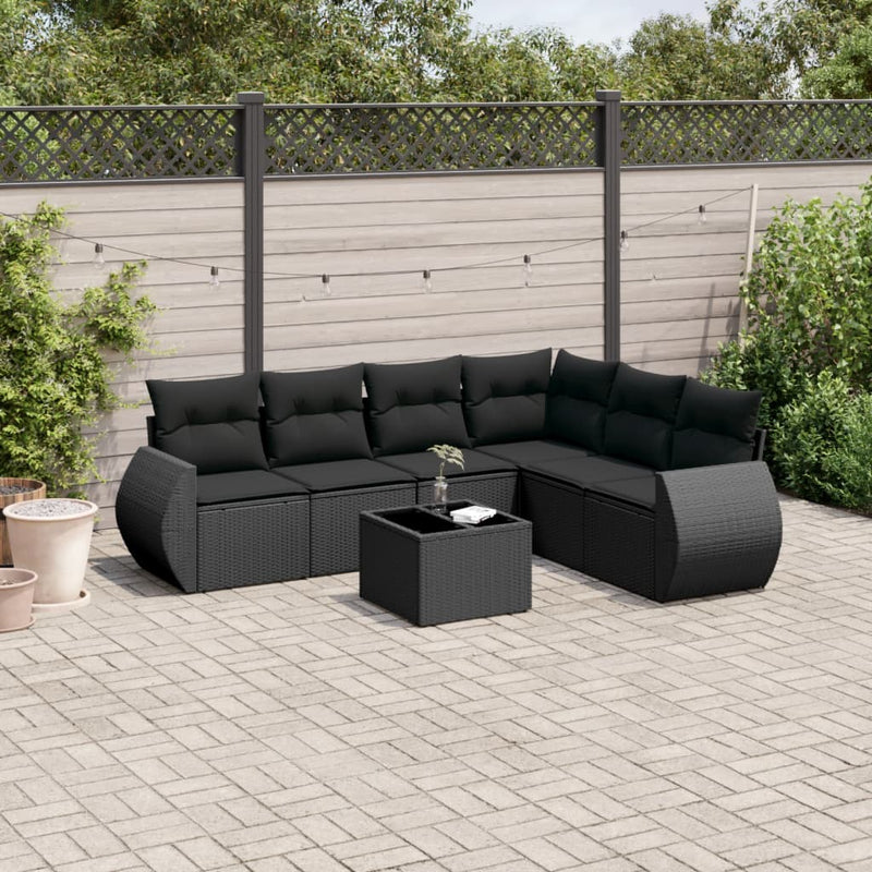 7 Piece Garden Sofa Set with Cushions Black Poly Rattan Payday Deals