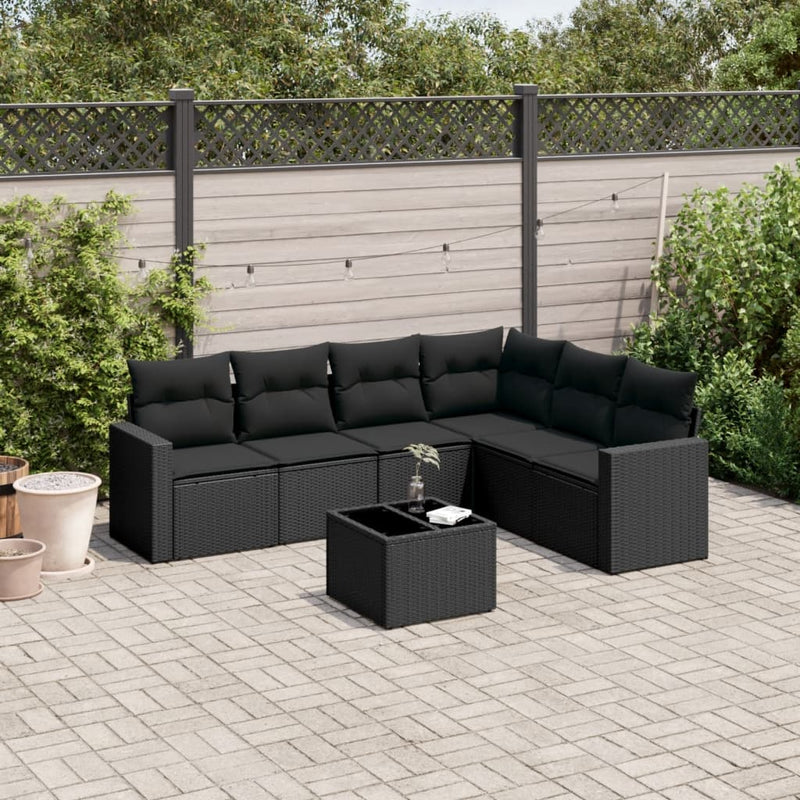 7 Piece Garden Sofa Set with Cushions Black Poly Rattan Payday Deals