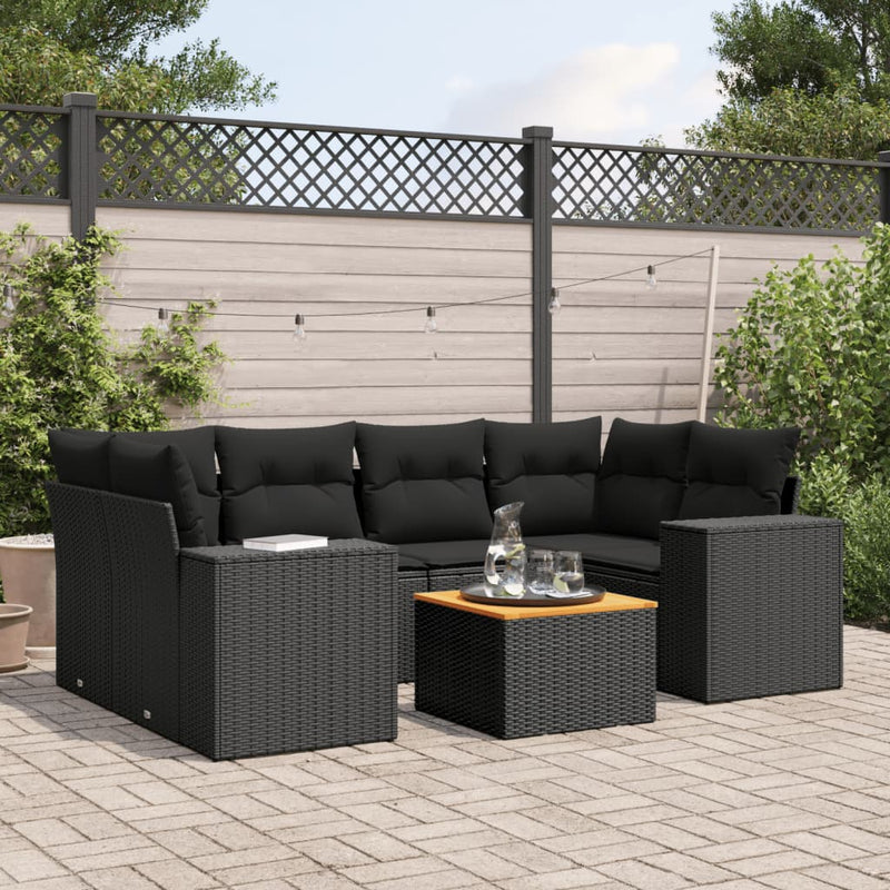 7 Piece Garden Sofa Set with Cushions Black Poly Rattan Payday Deals