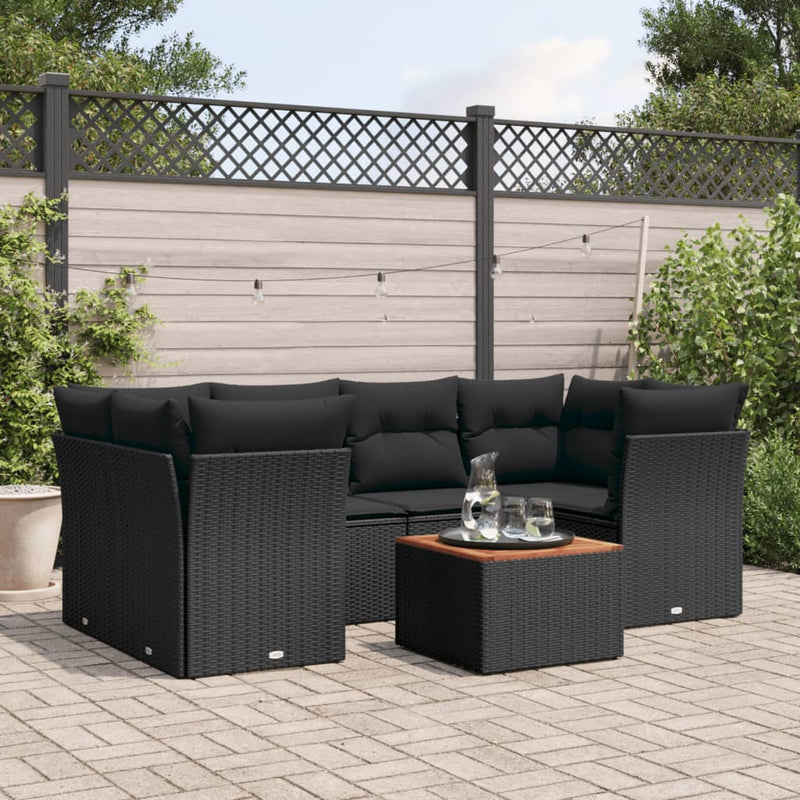 7 Piece Garden Sofa Set with Cushions Black Poly Rattan Payday Deals