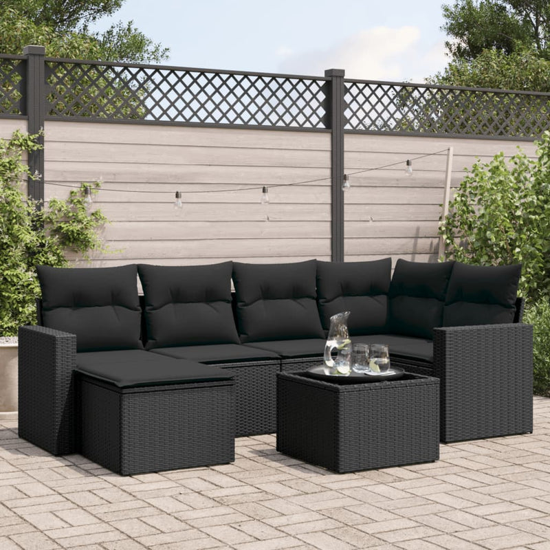 7 Piece Garden Sofa Set with Cushions Black Poly Rattan Payday Deals