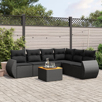 7 Piece Garden Sofa Set with Cushions Black Poly Rattan