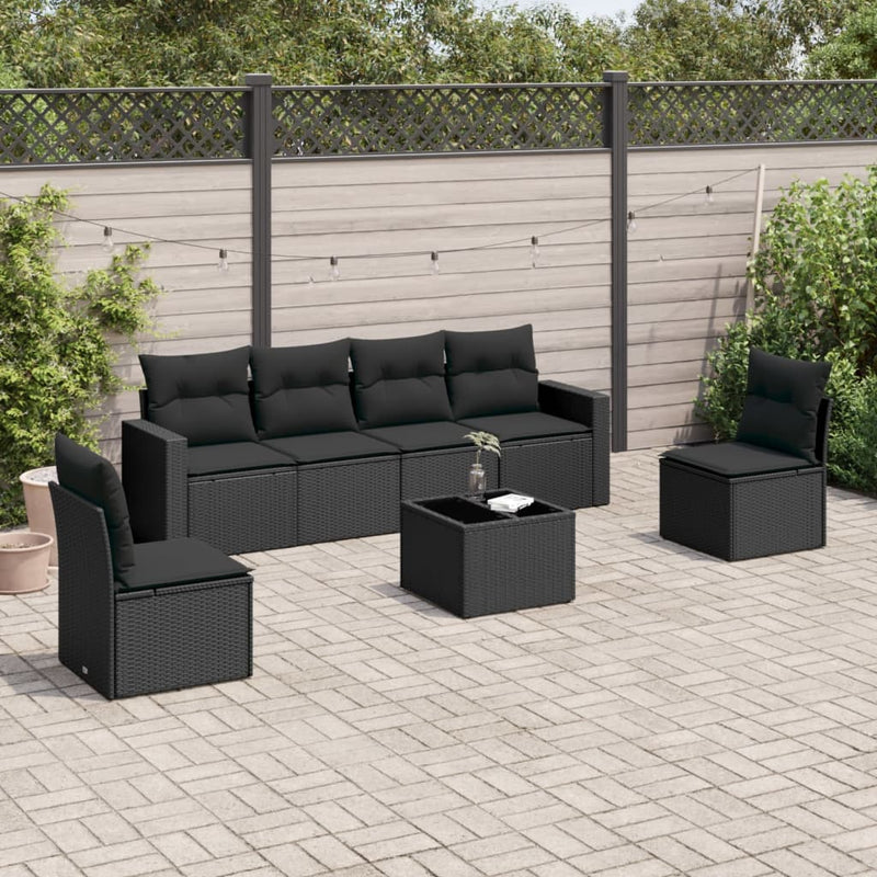 7 Piece Garden Sofa Set with Cushions Black Poly Rattan Payday Deals