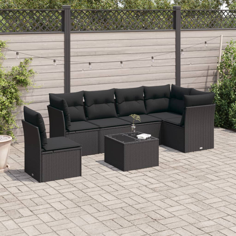 7 Piece Garden Sofa Set with Cushions Black Poly Rattan Payday Deals