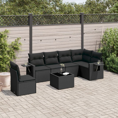 7 Piece Garden Sofa Set with Cushions Black Poly Rattan