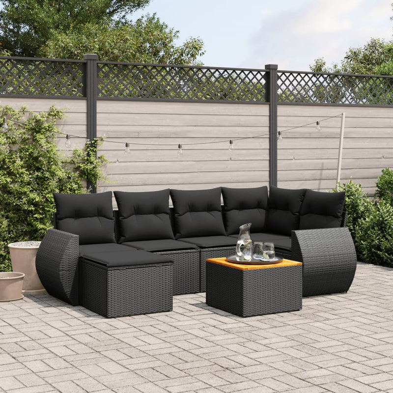 7 Piece Garden Sofa Set with Cushions Black Poly Rattan Payday Deals