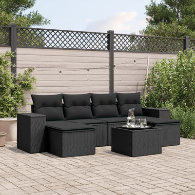 7 Piece Garden Sofa Set with Cushions Black Poly Rattan