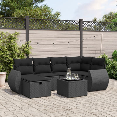 7 Piece Garden Sofa Set with Cushions Black Poly Rattan