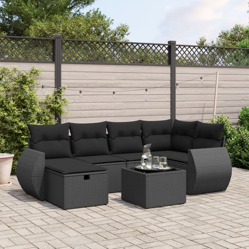 7 Piece Garden Sofa Set with Cushions Black Poly Rattan Payday Deals