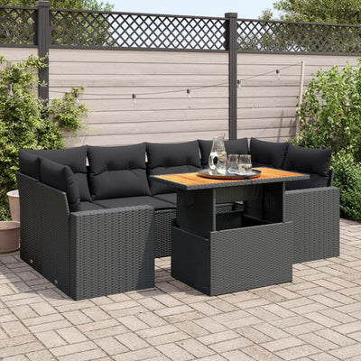 7 Piece Garden Sofa Set with Cushions Black Poly Rattan