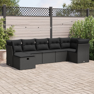 7 Piece Garden Sofa Set with Cushions Black Poly Rattan