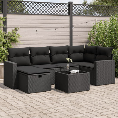 7 Piece Garden Sofa Set with Cushions Black Poly Rattan