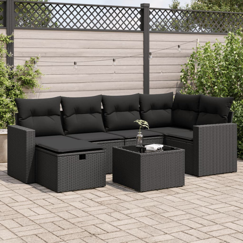 7 Piece Garden Sofa Set with Cushions Black Poly Rattan Payday Deals