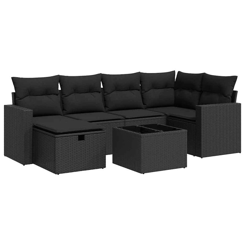 7 Piece Garden Sofa Set with Cushions Black Poly Rattan Payday Deals