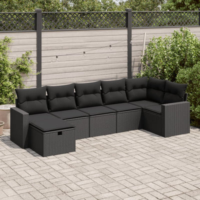 7 Piece Garden Sofa Set with Cushions Black Poly Rattan