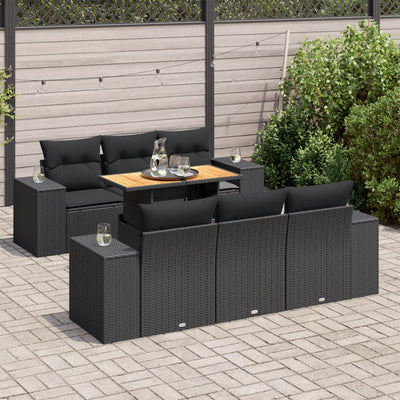 7 Piece Garden Sofa Set with Cushions Black Poly Rattan