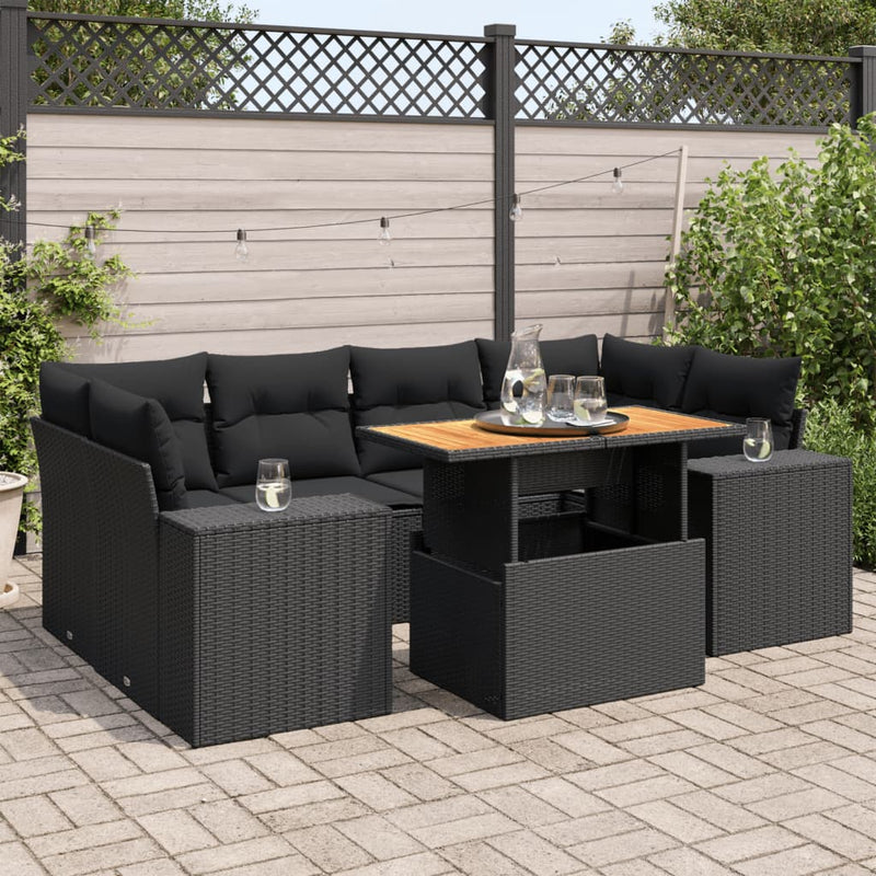 7 Piece Garden Sofa Set with Cushions Black Poly Rattan Payday Deals