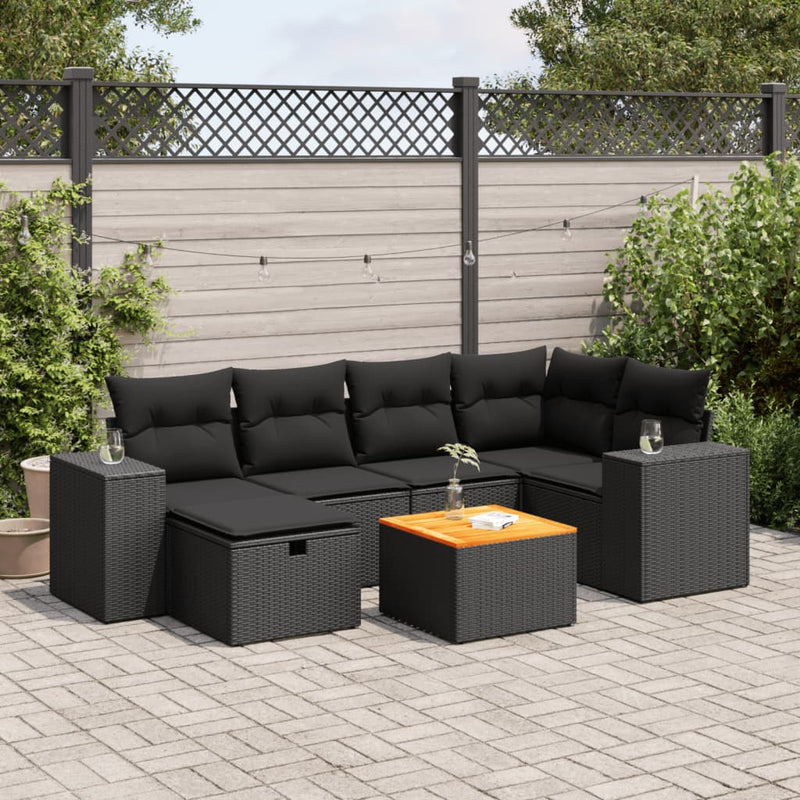 7 Piece Garden Sofa Set with Cushions Black Poly Rattan Payday Deals