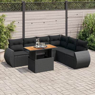 7 Piece Garden Sofa Set with Cushions Black Poly Rattan