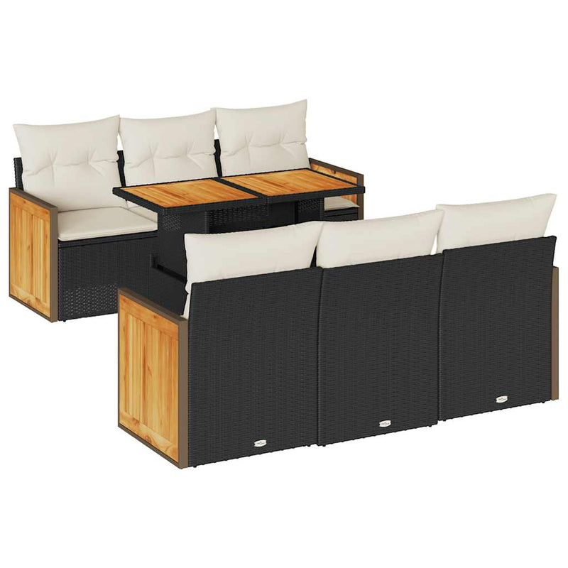 7 Piece Garden Sofa Set with Cushions Black Poly Rattan Acacia Payday Deals