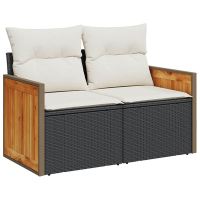7 Piece Garden Sofa Set with Cushions Black Poly Rattan Acacia Payday Deals